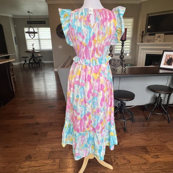NWT Peach Love Dress Size Small Pink Blue White Floral Smocked Ruffle Maxi Midi - Picture 6 of 16